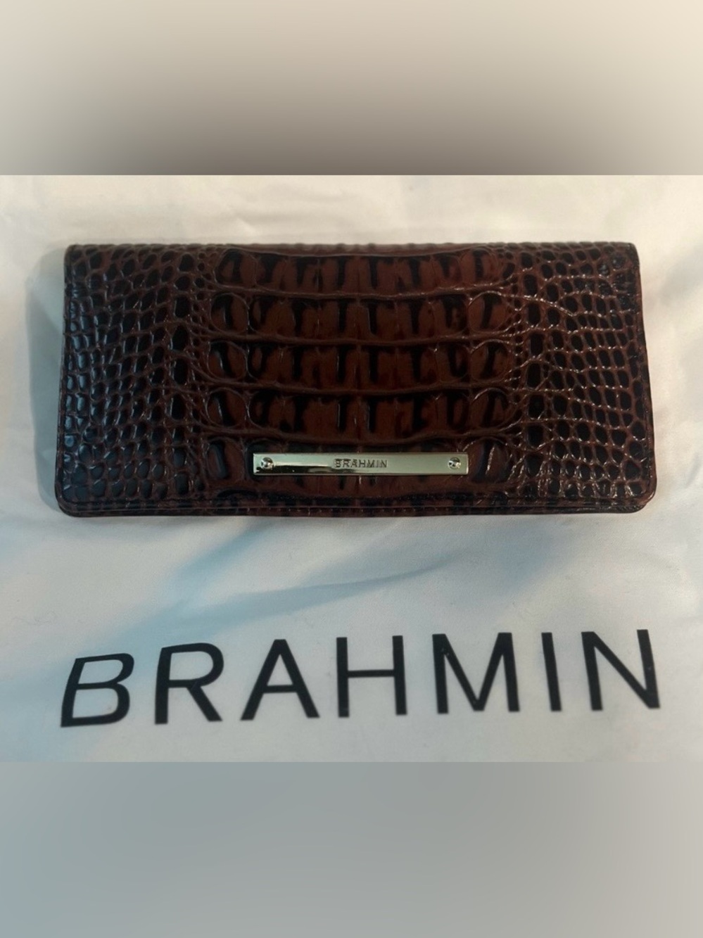 Brahmin Ady Dark Pecan Croc-Embossed Leather Clutch Wallet